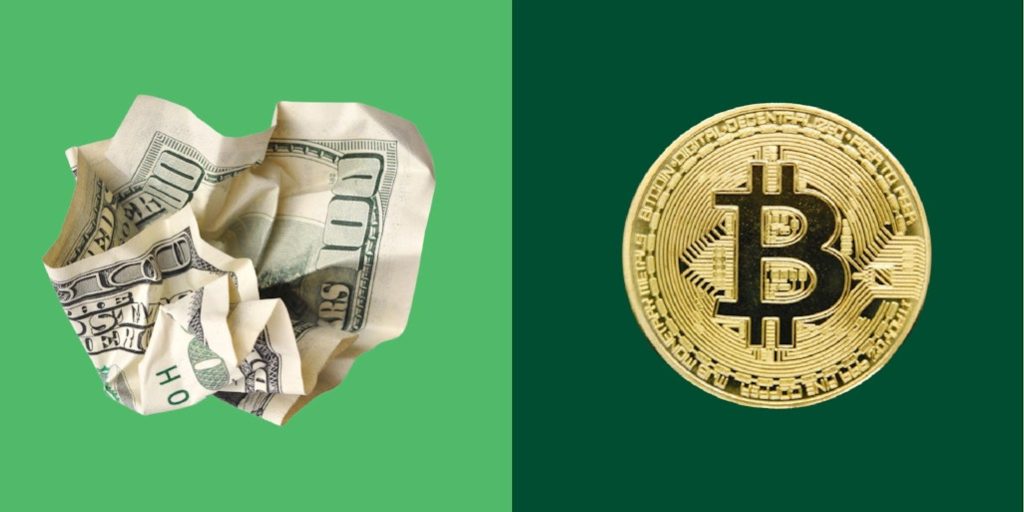 Crumpled U.S. dollar bill next to a Bitcoin on a green background.