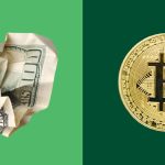 Crumpled U.S. dollar bill next to a Bitcoin on a green background.