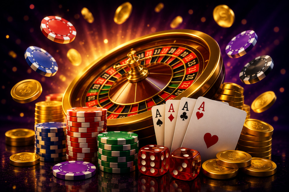A colorful assortment of gaming chips, cards, and a roulette wheel, symbolizing gaming categories
