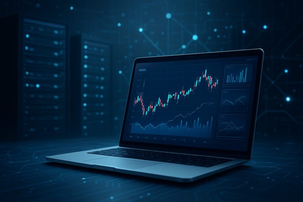 A laptop displaying financial graphs and data analytics on a futuristic background