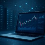 A laptop displaying financial graphs and data analytics on a futuristic background