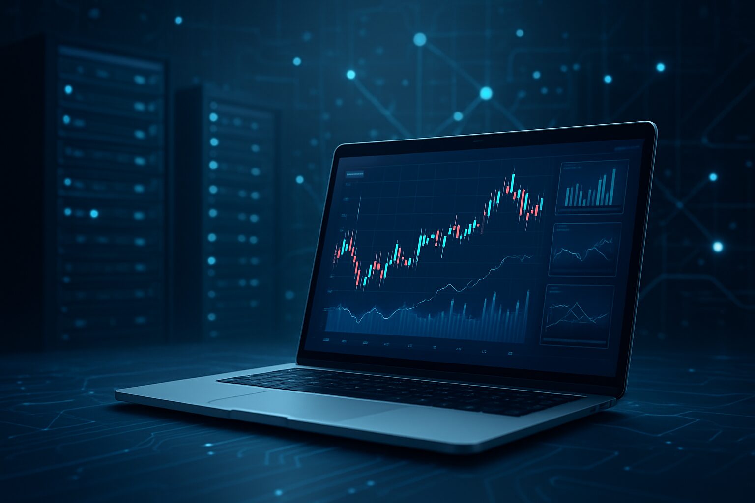 A laptop displaying financial graphs and data analytics on a futuristic background